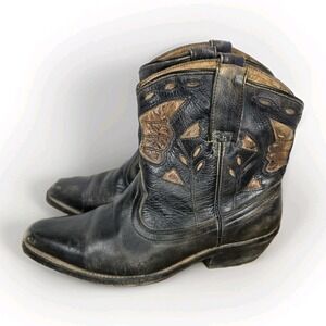 BED STU Cobbler Filly Distressed Black Brown Inlay‎ Ankle Boots Western Size 7